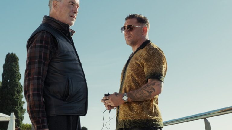 L-R Pierce Brosnan as Conrad Harrigan and Tom Hardy as Harry Da Souza In MobLand, season 2, streaming on Paramount+, 2026. Photo Credit: Luke Varley/Paramount+